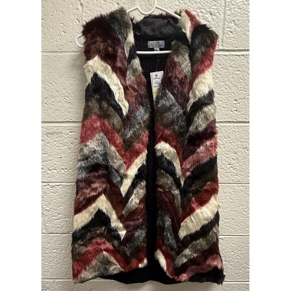 NWT JOSEPH A Longline Open Front Faux Fur Sleeveless Cardigan Womens M Chevron - Picture 1 of 15